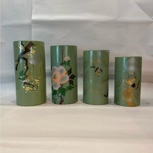 Set of 4 Mid Century Green Floral and Bird tea Canisters
